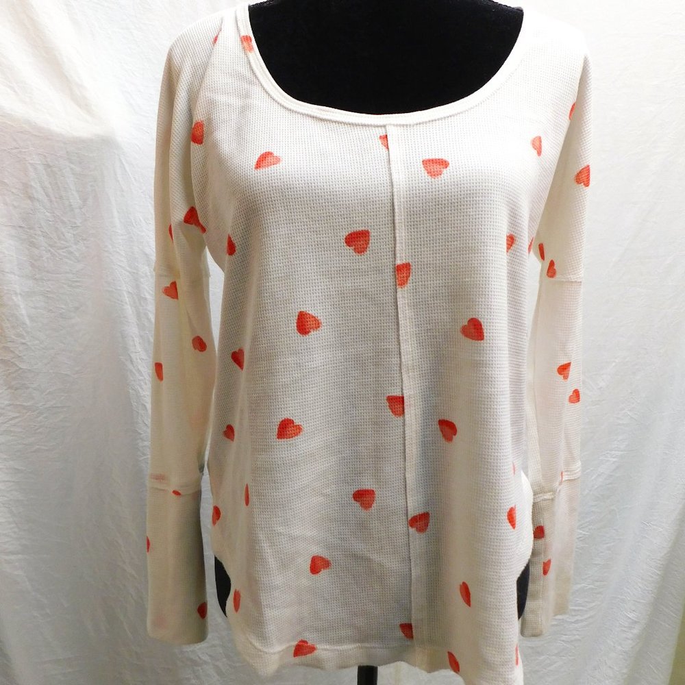 Lucky Brand S Heart Print Thermal Long Sleeve T-SHirt Top NEW